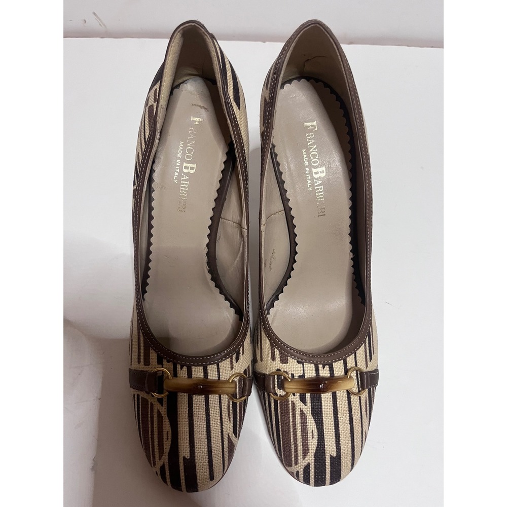 Franco Barbieri Italy Womens Brown Beige Stripe Bamboo Horsebit Pumps Heels Sz 8